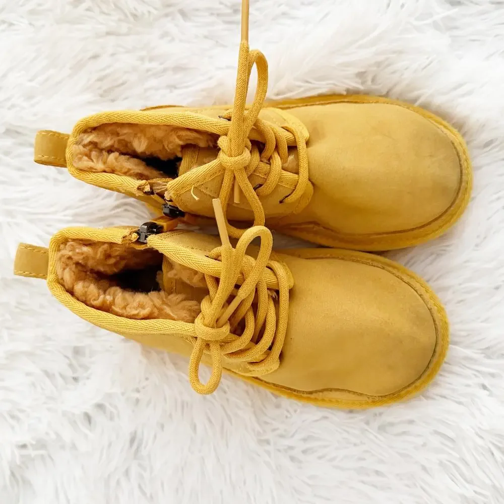 UGG | Neumel Yellow Suede Lace Up Zip Boots Sherpa Lined Kids | Size 11